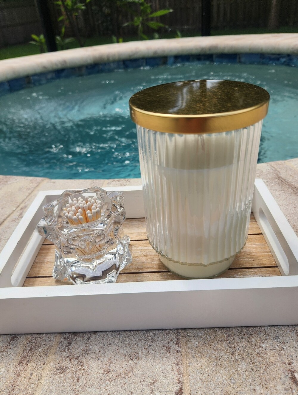 Glass Candle With Upcycled Vintage Cut Glass Matchstick Holder Syled In  Tray